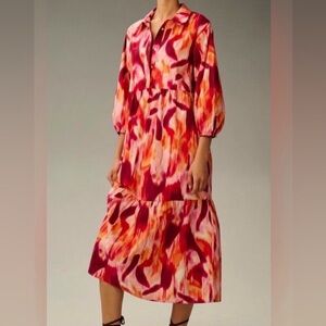 NWT Anthropologie Maeve Bettina Tiered Shirt Dress Dark Orange/ Red Size Medium